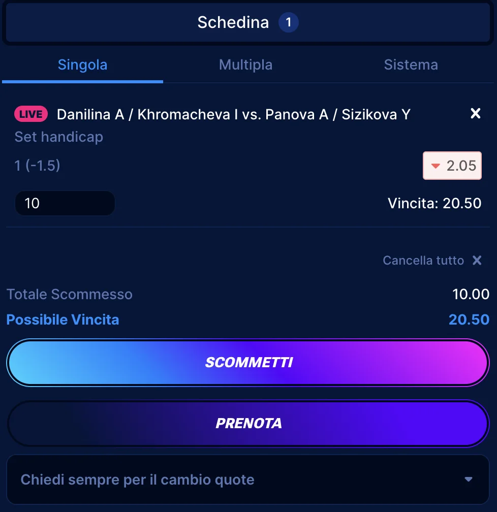 Esempio di scommessa live sul tennis a Boomerang