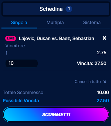 Esempio di scommesse live sul Tennis